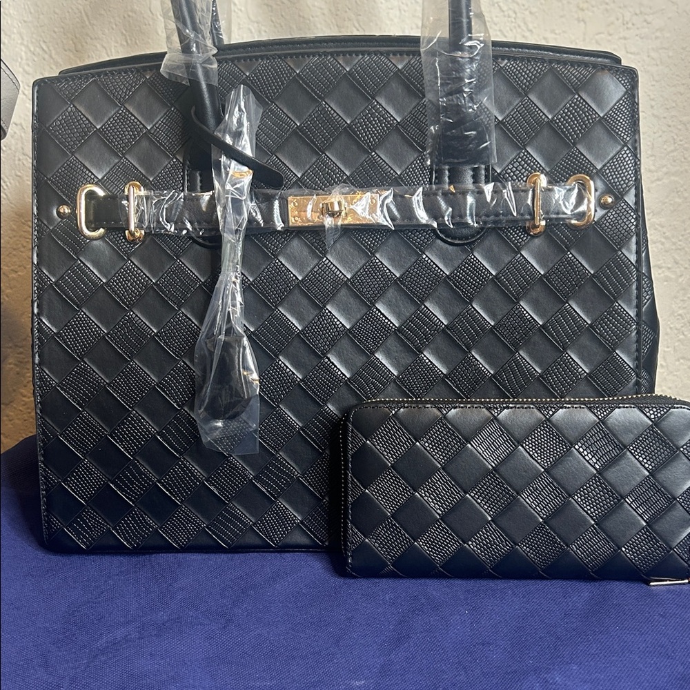 Chic Black Checkered Satchel and Wallet Set